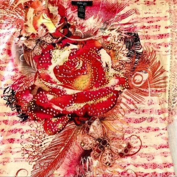 Style and Co Floral Top with Decorative Gems and Lace for Women Size PM Blouse - Picture 12 of 14